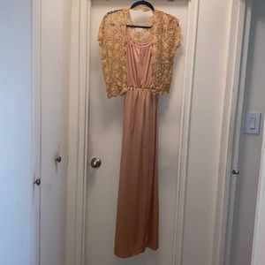 Vintage gold/tan maxi dress with floral short sleeve cover up size M